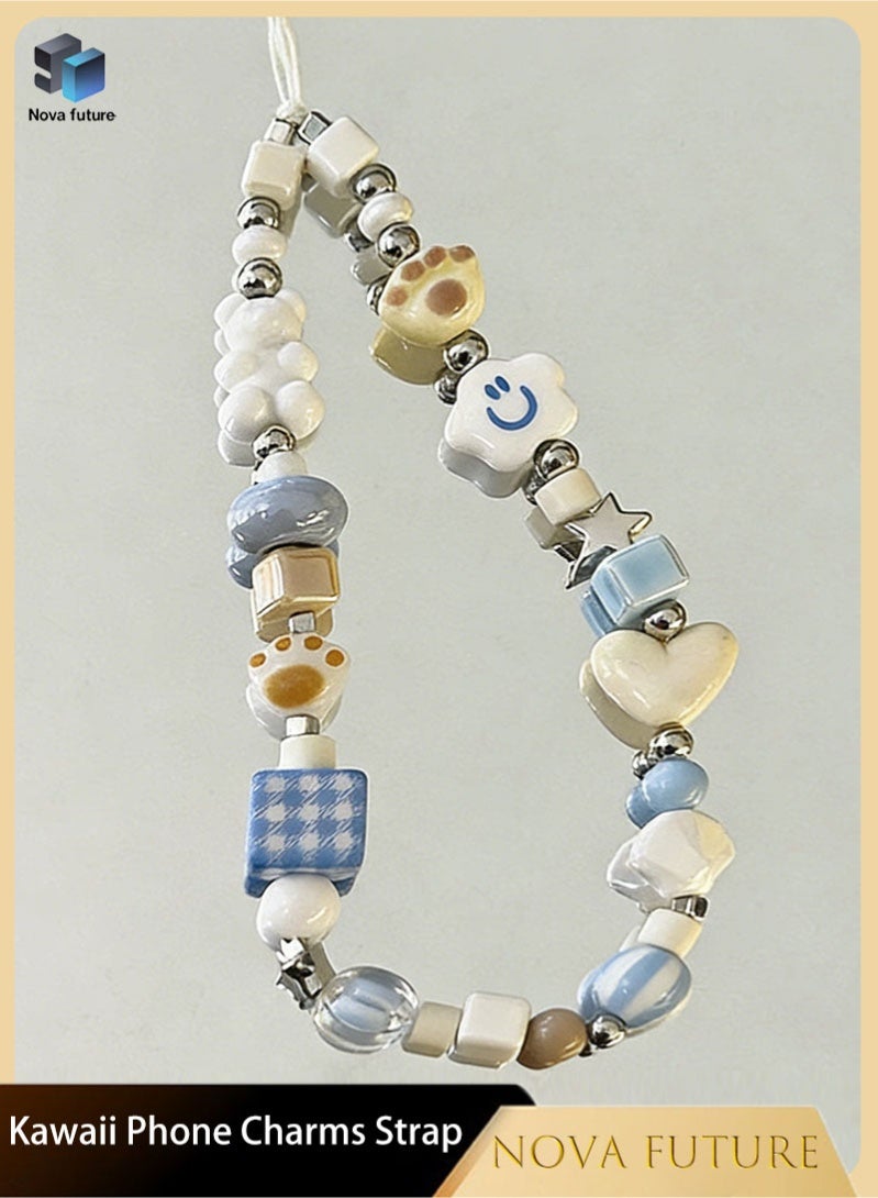 Nova future Kawaii Beaded Pearl Phone Charms Strap Cute White Cloud Cat Paw Cell Phone Lanyard Wrist Strap - Image 1